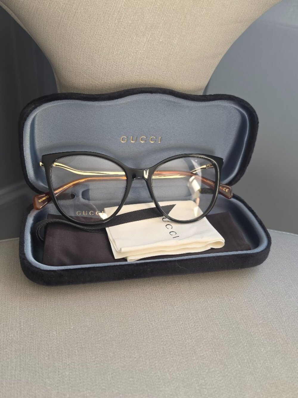 Gucci GG1007O Black Cat Eye Eyeglasses Frames Tortoise Gold 53-17-145